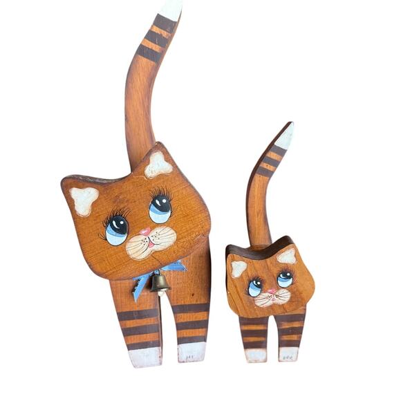 None Other - Vtg Tole Folkart Wood Cat Figurine Set of 2 Hand Painted 2006 Signed JDK Cute